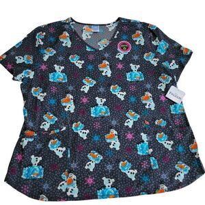 Disney Frozen Scrub Top Womens 2XL 2X Olaf Gray Stretch Medical Nurse Dental NEW